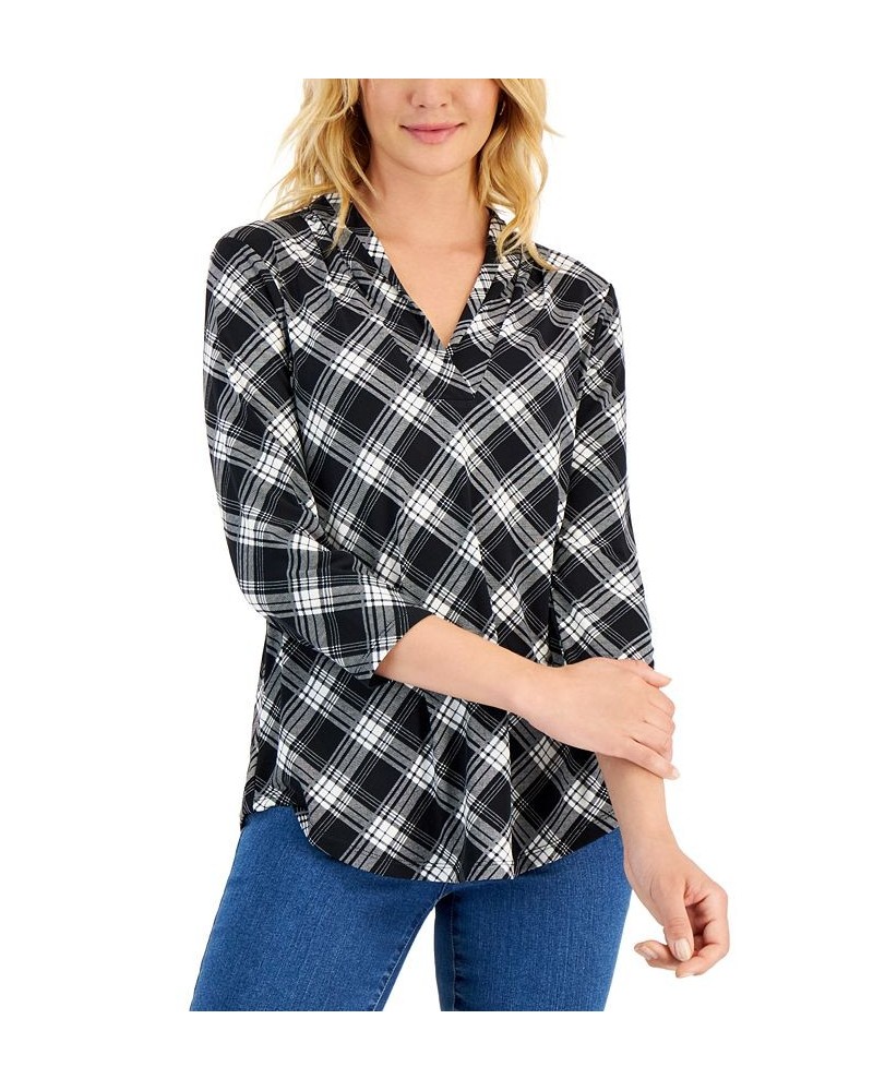 Petite Plaid 3/4-Sleeve Top Deep Black Combo $19.81 Tops