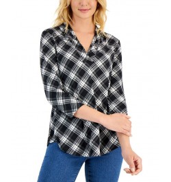 Petite Plaid 3/4-Sleeve Top Deep Black Combo $19.81 Tops