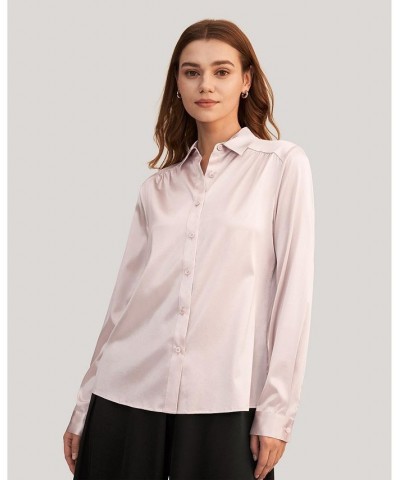 Women's Long Sleeves Collared Silk Blouse Pink $43.09 Tops