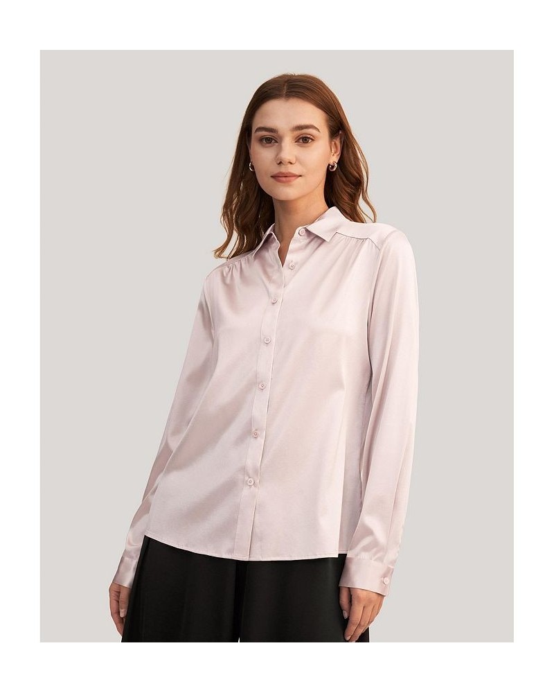 Women's Long Sleeves Collared Silk Blouse Pink $43.09 Tops