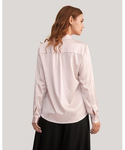 Women's Long Sleeves Collared Silk Blouse Pink $43.09 Tops