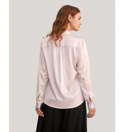 Women's Long Sleeves Collared Silk Blouse Pink $43.09 Tops