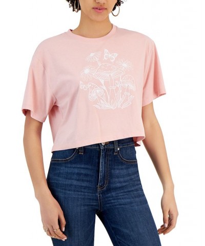 Juniors' Crewneck Mushroom Graphic Print T-Shirt Silver Pink $16.50 Tops