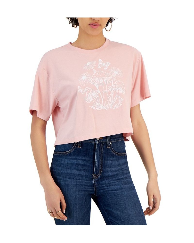 Juniors' Crewneck Mushroom Graphic Print T-Shirt Silver Pink $16.50 Tops