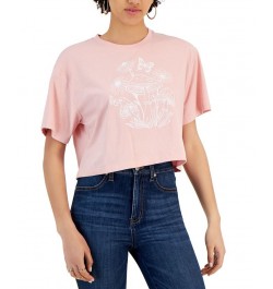 Juniors' Crewneck Mushroom Graphic Print T-Shirt Silver Pink $16.50 Tops