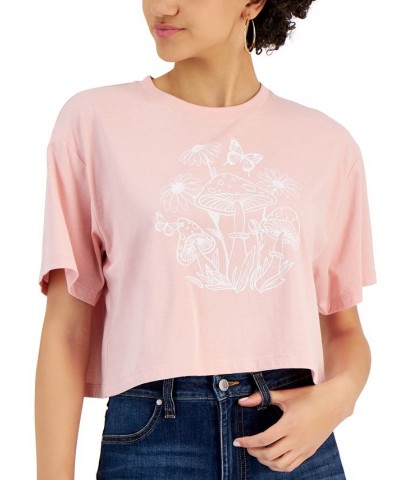 Juniors' Crewneck Mushroom Graphic Print T-Shirt Silver Pink $16.50 Tops