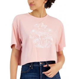 Juniors' Crewneck Mushroom Graphic Print T-Shirt Silver Pink $16.50 Tops