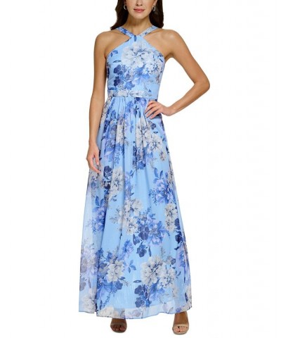 Women's Floral Chiffon Halter Gown Blue $81.18 Dresses