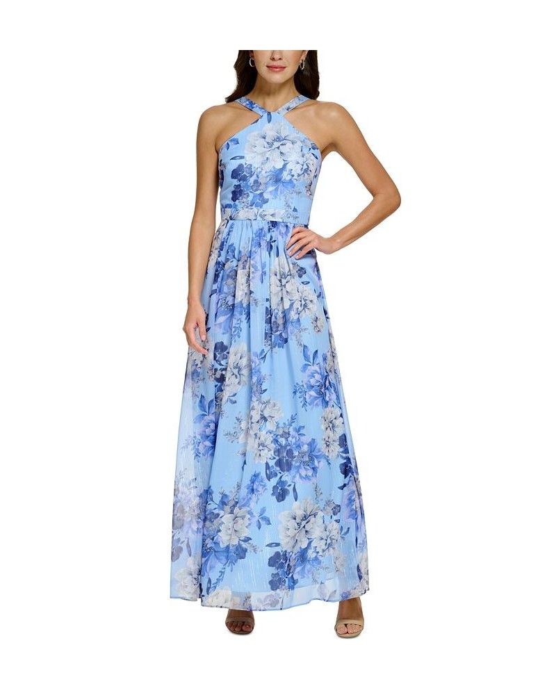 Women's Floral Chiffon Halter Gown Blue $81.18 Dresses