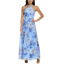 Women's Floral Chiffon Halter Gown Blue $81.18 Dresses