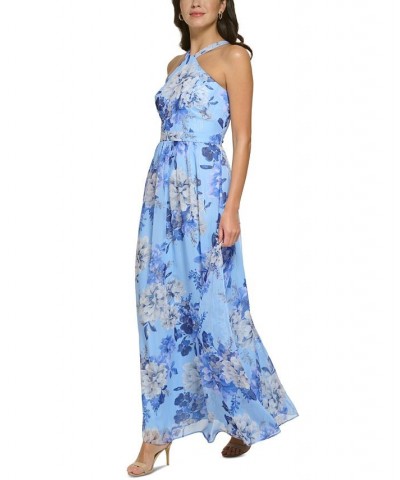 Women's Floral Chiffon Halter Gown Blue $81.18 Dresses