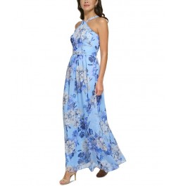 Women's Floral Chiffon Halter Gown Blue $81.18 Dresses