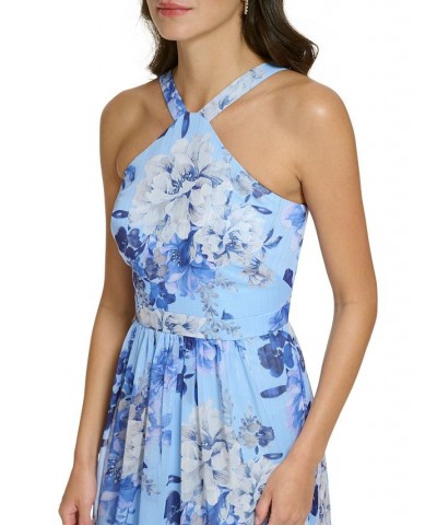 Women's Floral Chiffon Halter Gown Blue $81.18 Dresses