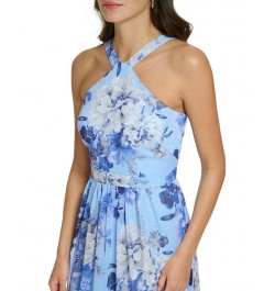 Women's Floral Chiffon Halter Gown Blue $81.18 Dresses