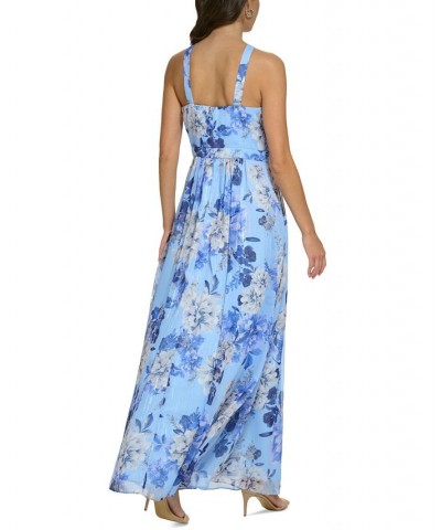 Women's Floral Chiffon Halter Gown Blue $81.18 Dresses