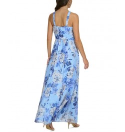 Women's Floral Chiffon Halter Gown Blue $81.18 Dresses