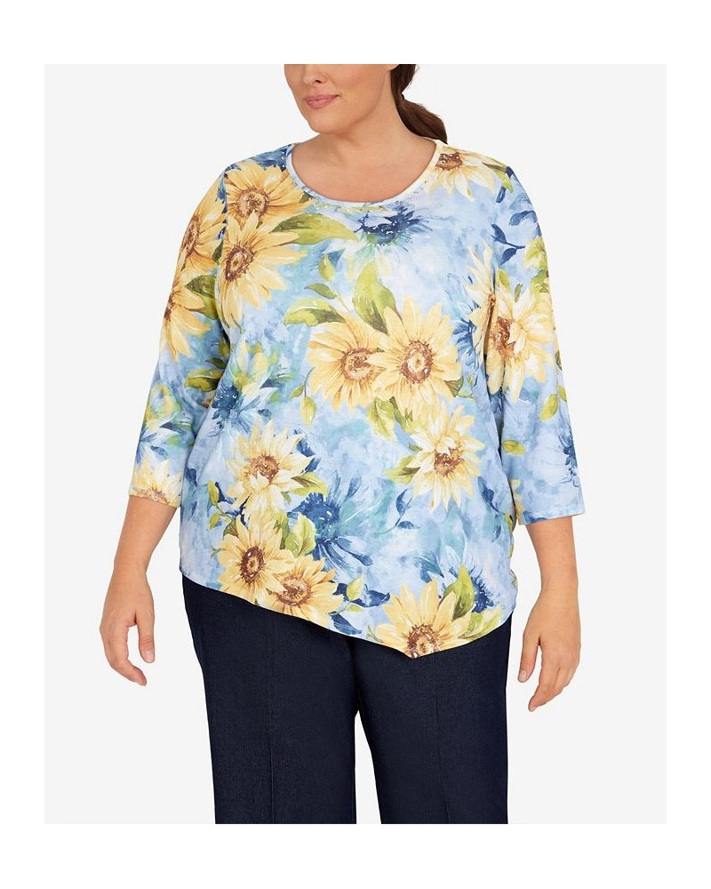 Plus Size Bright Idea Asymmetric Hem Crew Neck Sunflower Top Multi $39.69 Tops