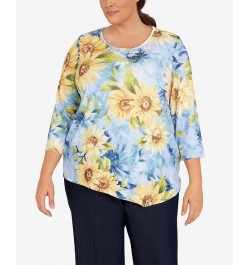 Plus Size Bright Idea Asymmetric Hem Crew Neck Sunflower Top Multi $39.69 Tops