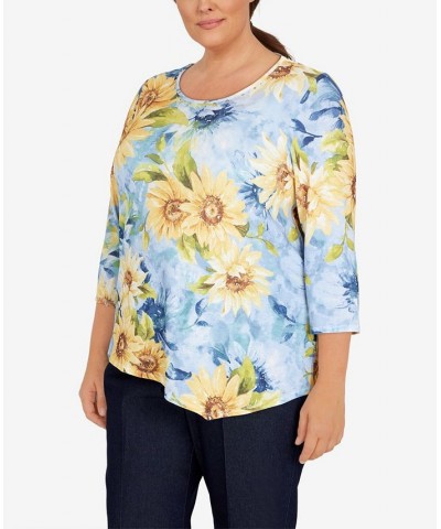 Plus Size Bright Idea Asymmetric Hem Crew Neck Sunflower Top Multi $39.69 Tops