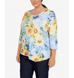 Plus Size Bright Idea Asymmetric Hem Crew Neck Sunflower Top Multi $39.69 Tops