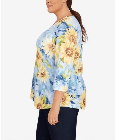 Plus Size Bright Idea Asymmetric Hem Crew Neck Sunflower Top Multi $39.69 Tops