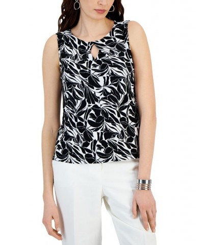 Printed Sleeveless Diamond Keyhole Blouse Black/Lily White $35.40 Tops