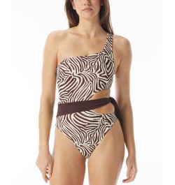 Mia Zebra-Print One-Shoulder One-Piece Swimsuit Mocha $43.34 Swimsuits