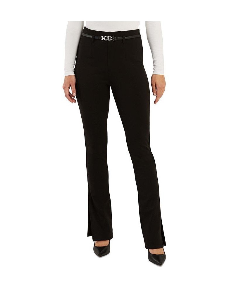 Juniors' Belted Slit-Hem Ponte Pull-On Pants Black $17.60 Pants