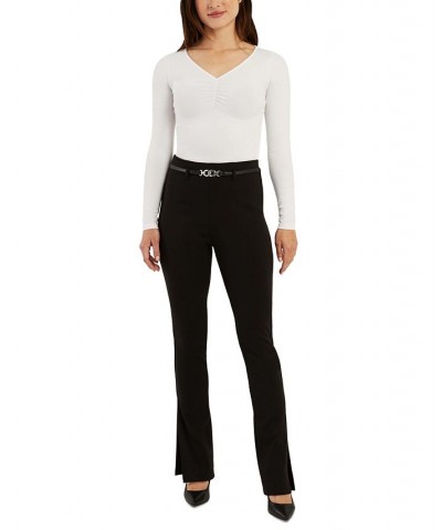 Juniors' Belted Slit-Hem Ponte Pull-On Pants Black $17.60 Pants