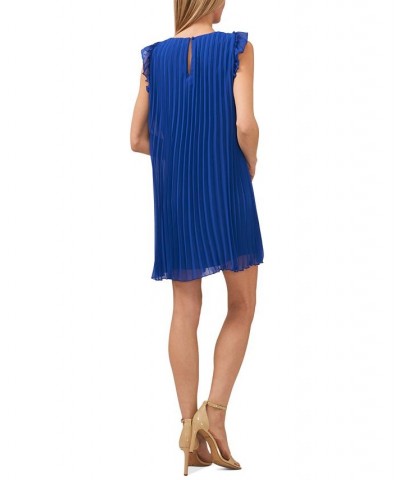 Women's Ruffled Sleeve Short Pleated Dress Blue $44.69 Dresses