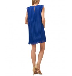 Women's Ruffled Sleeve Short Pleated Dress Blue $44.69 Dresses