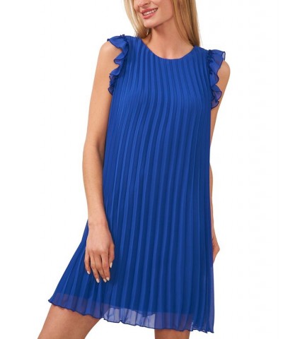 Women's Ruffled Sleeve Short Pleated Dress Blue $44.69 Dresses