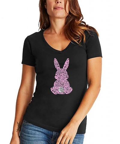 Women's Easter Bunny Word Art V-Neck T-shirt Black $16.45 Tops