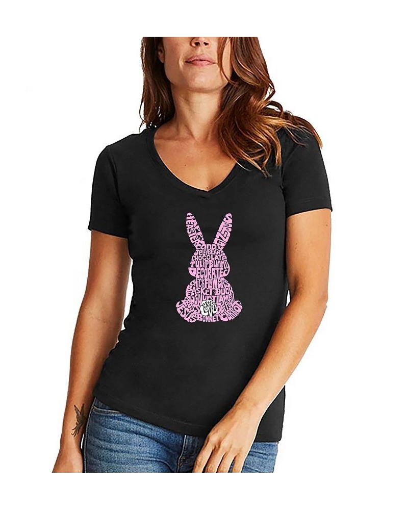 Women's Easter Bunny Word Art V-Neck T-shirt Black $16.45 Tops