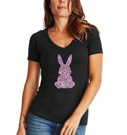 Women's Easter Bunny Word Art V-Neck T-shirt Black $16.45 Tops