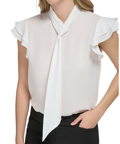 Petite Tie-Neck Ruffled Cap-Sleeve Blouse Cream $24.52 Tops