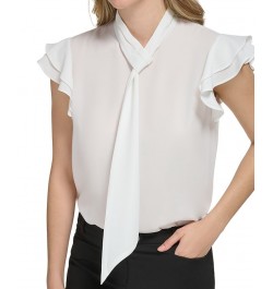 Petite Tie-Neck Ruffled Cap-Sleeve Blouse Cream $24.52 Tops