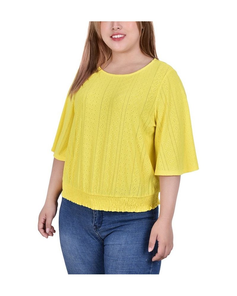 Plus Size Smocked Hem Knit Eyelet Top Yellow $14.35 Tops