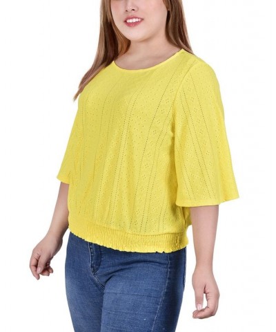 Plus Size Smocked Hem Knit Eyelet Top Yellow $14.35 Tops