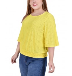 Plus Size Smocked Hem Knit Eyelet Top Yellow $14.35 Tops