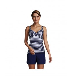 Women's Long V-Neck Wrap Underwire Tankini Swimsuit Top Adjustable Straps Deep sea/white media stripe $40.90 Swimsuits