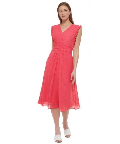 Women's Clip-Dot Ruffled-Sleeve Chiffon V-Neck Dress Melon $53.64 Dresses