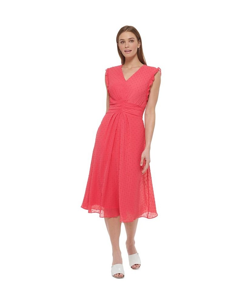 Women's Clip-Dot Ruffled-Sleeve Chiffon V-Neck Dress Melon $53.64 Dresses