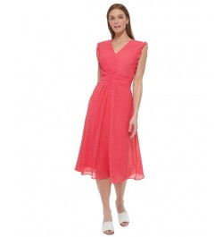 Women's Clip-Dot Ruffled-Sleeve Chiffon V-Neck Dress Melon $53.64 Dresses