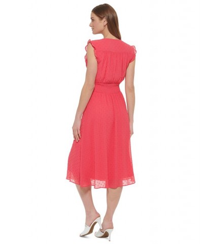 Women's Clip-Dot Ruffled-Sleeve Chiffon V-Neck Dress Melon $53.64 Dresses