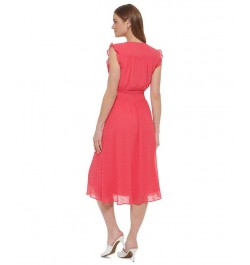 Women's Clip-Dot Ruffled-Sleeve Chiffon V-Neck Dress Melon $53.64 Dresses