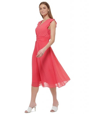 Women's Clip-Dot Ruffled-Sleeve Chiffon V-Neck Dress Melon $53.64 Dresses