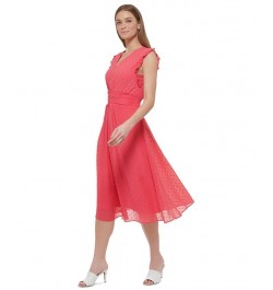 Women's Clip-Dot Ruffled-Sleeve Chiffon V-Neck Dress Melon $53.64 Dresses