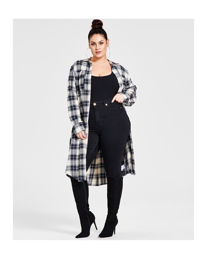 Trendy Plus Size Cotton Plaid Duster Shirt Navy Plaid $26.50 Tops