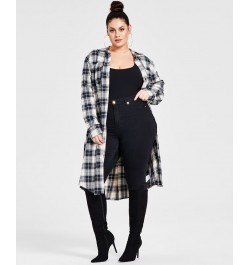 Trendy Plus Size Cotton Plaid Duster Shirt Navy Plaid $26.50 Tops